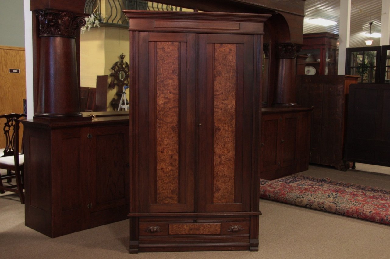 Victorian Eastlake Walnut & Burl Armoire or