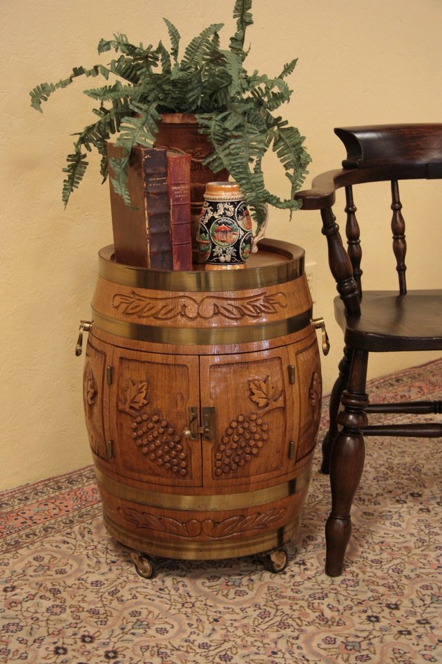 Carved Oak & Brass Barrel Bar