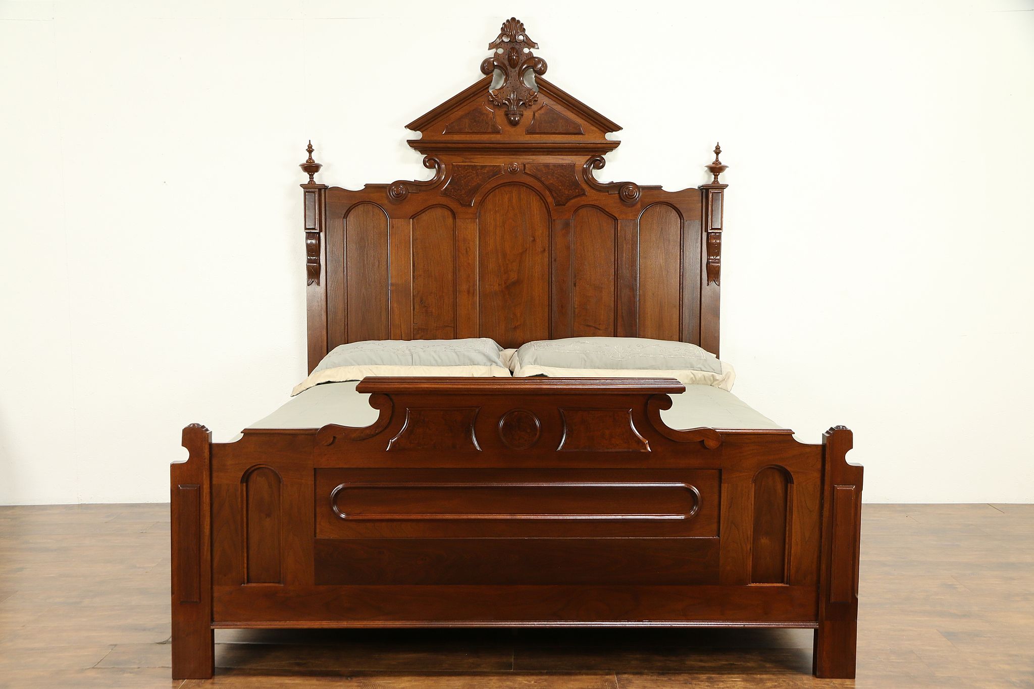 Hand Carved Walnut Burl King Size Bed, Victorian Bed King