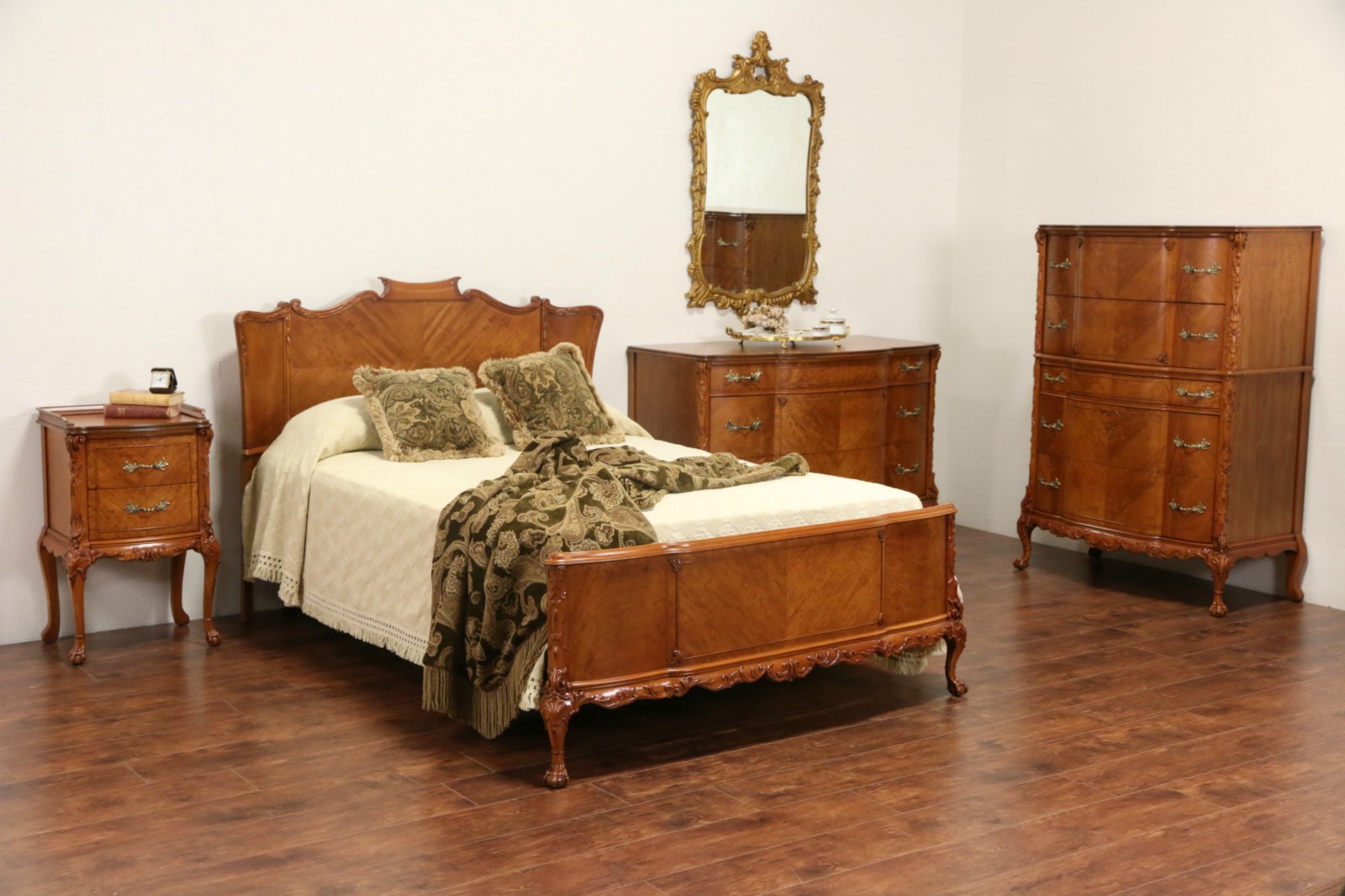 French Style 1940's Satinwood Full Size 1940's Vintage 5 Pc. Bedroom Set