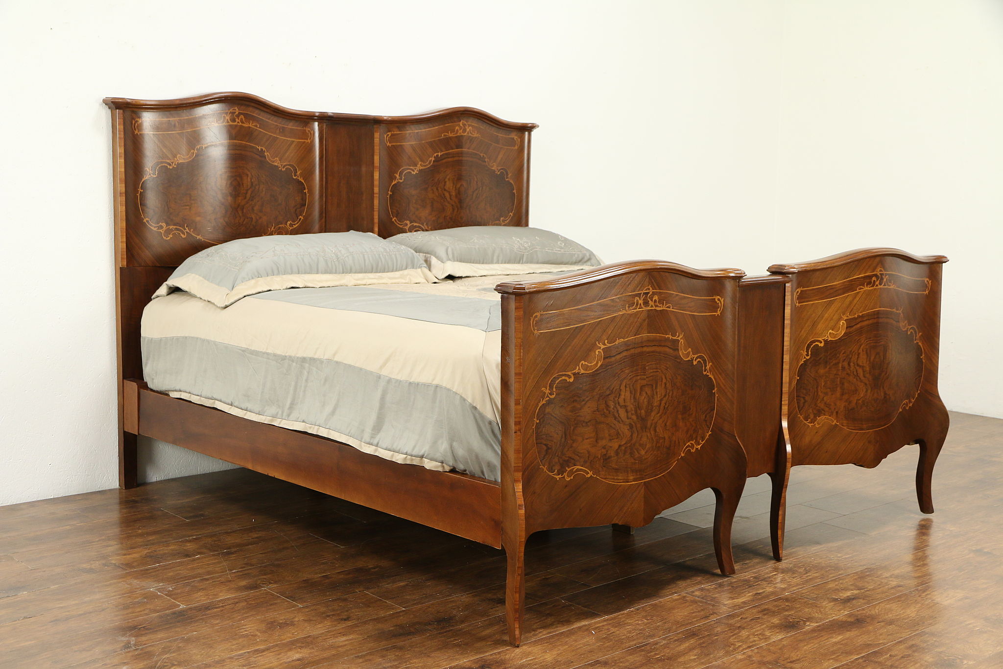 Italian Mahogany Burl Marquetry E, Antique King Bed