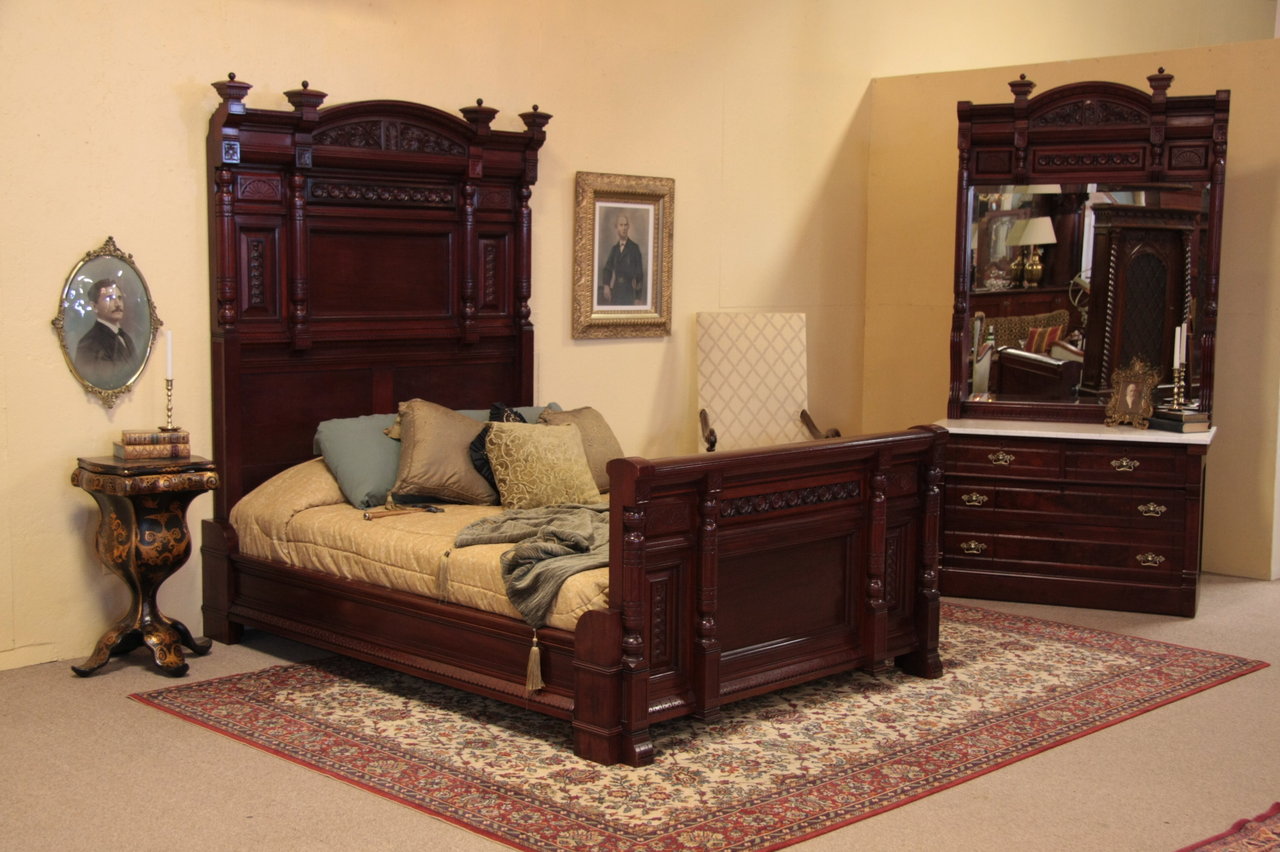 Victorian Eastlake Carved Mahogany Queen Bed Set