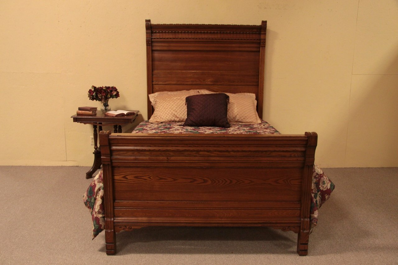 Victorian Eastlake Oak Queen Size Bed