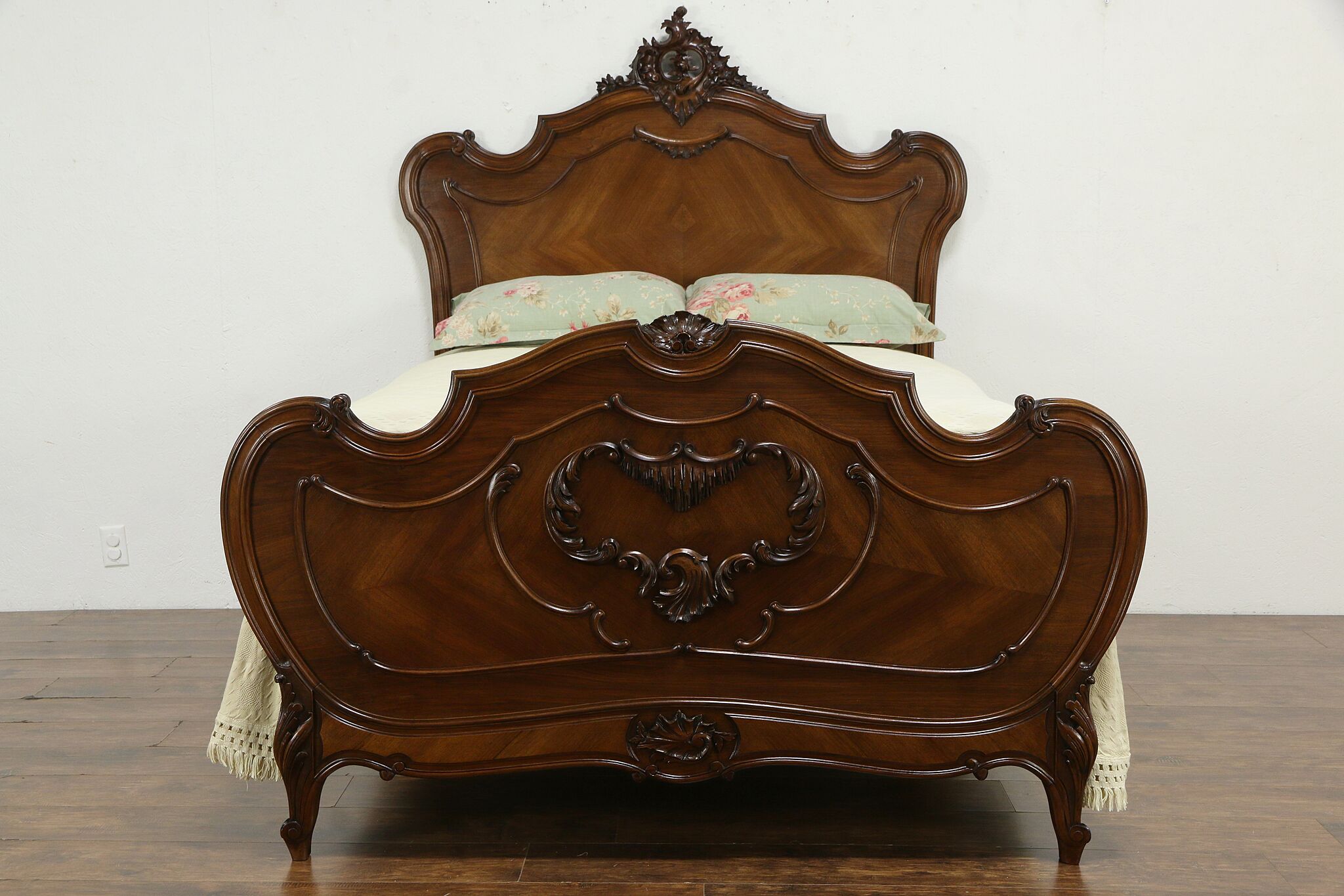 Antique French Bed, Louis XV Style Carved Walnut, 19th C., 1800s