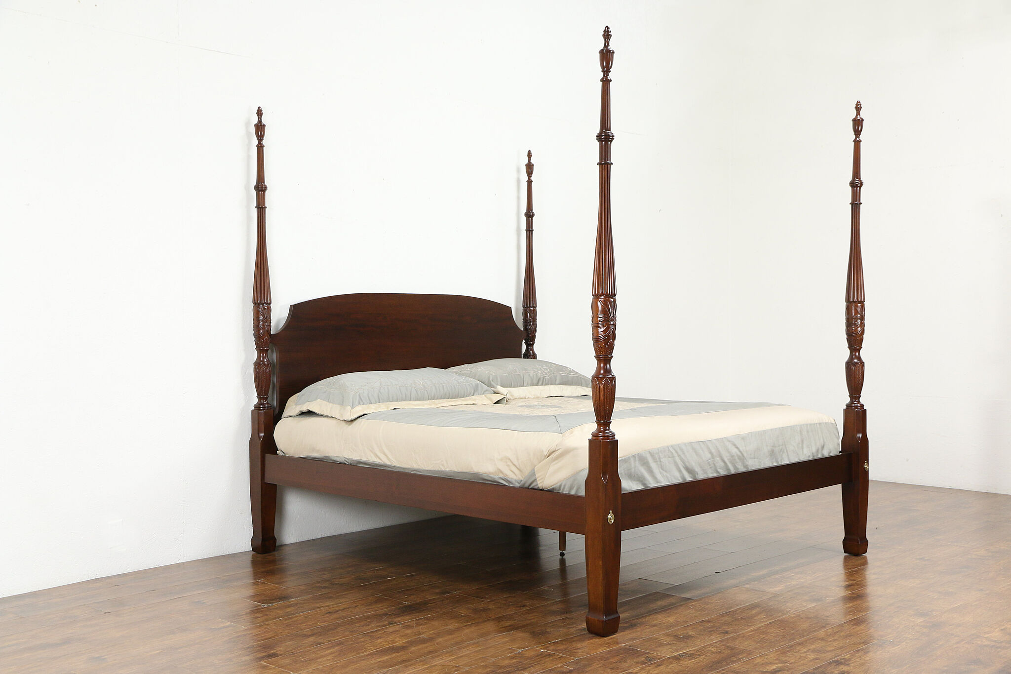 Vintage Rice Poster Bed, King Size Rice Carved Poster Bed