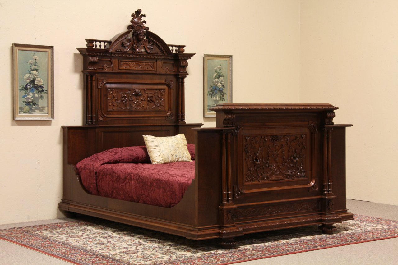 Carved Figural 1880's Queen Size Antique Bed
