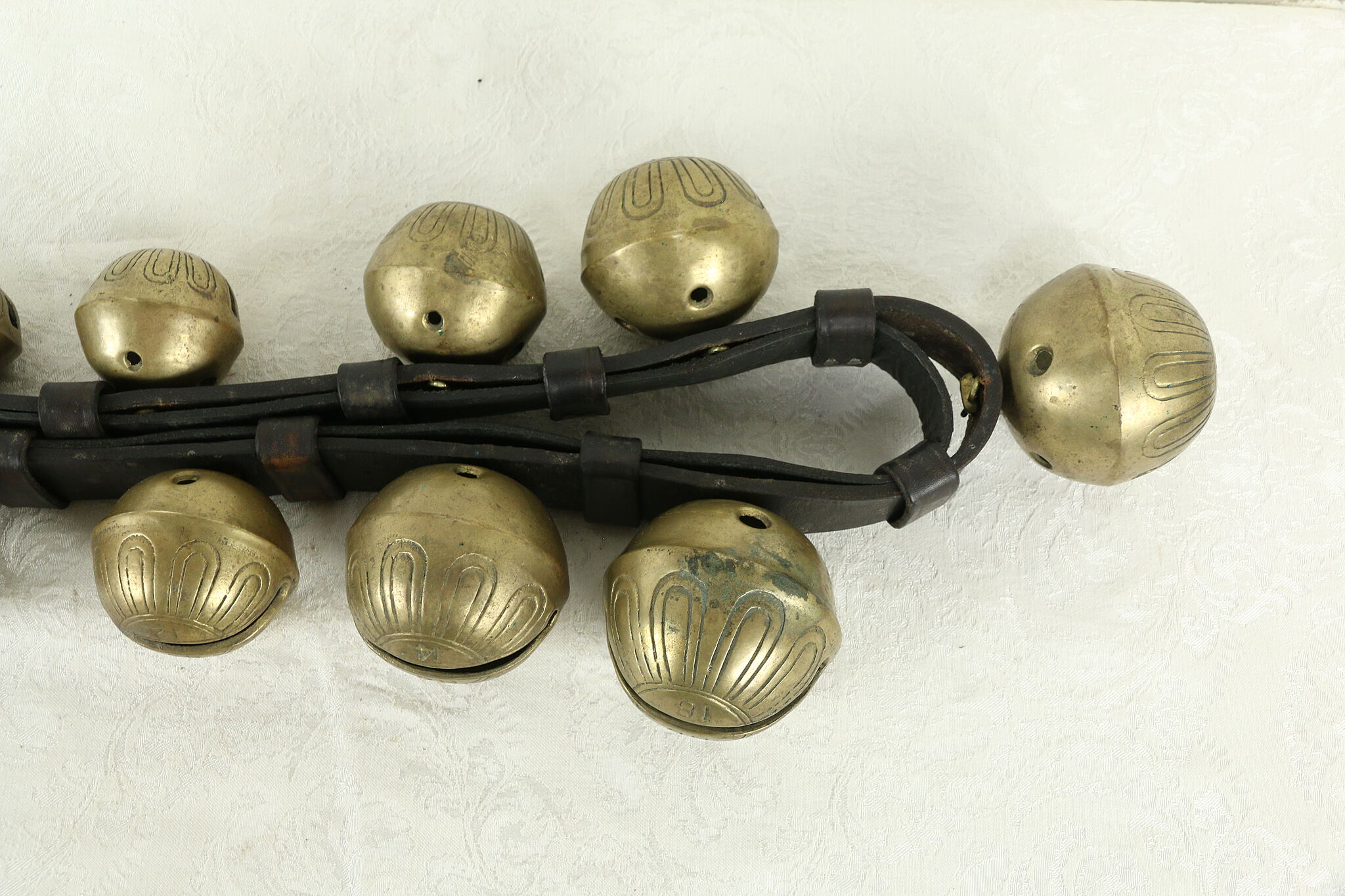 Victorian Antique Sleigh Bells Set Size 1-15 on 7' Leather Harness