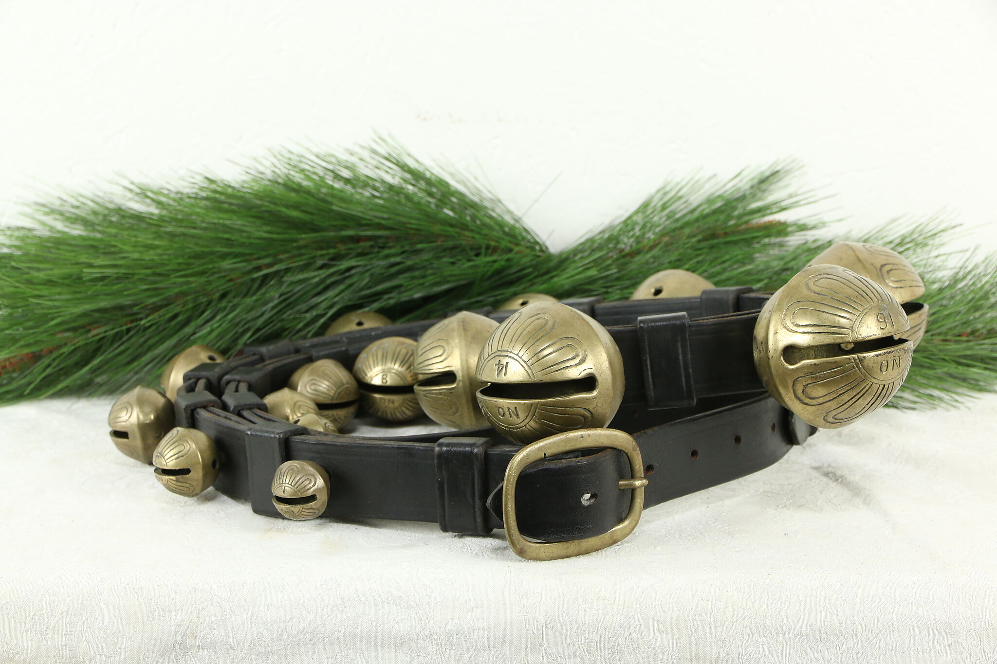 Victorian Antique Sleigh Bells Set Size 1-15 on 7' Leather Harness #35230