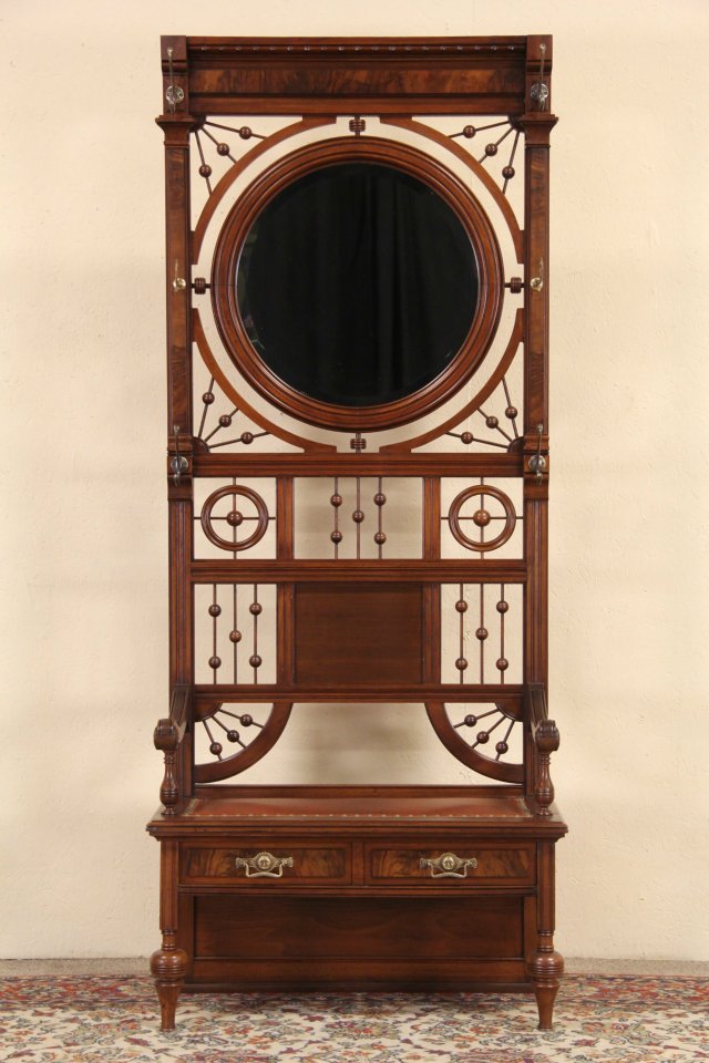 Victorian Hall Bench, Leather Seat