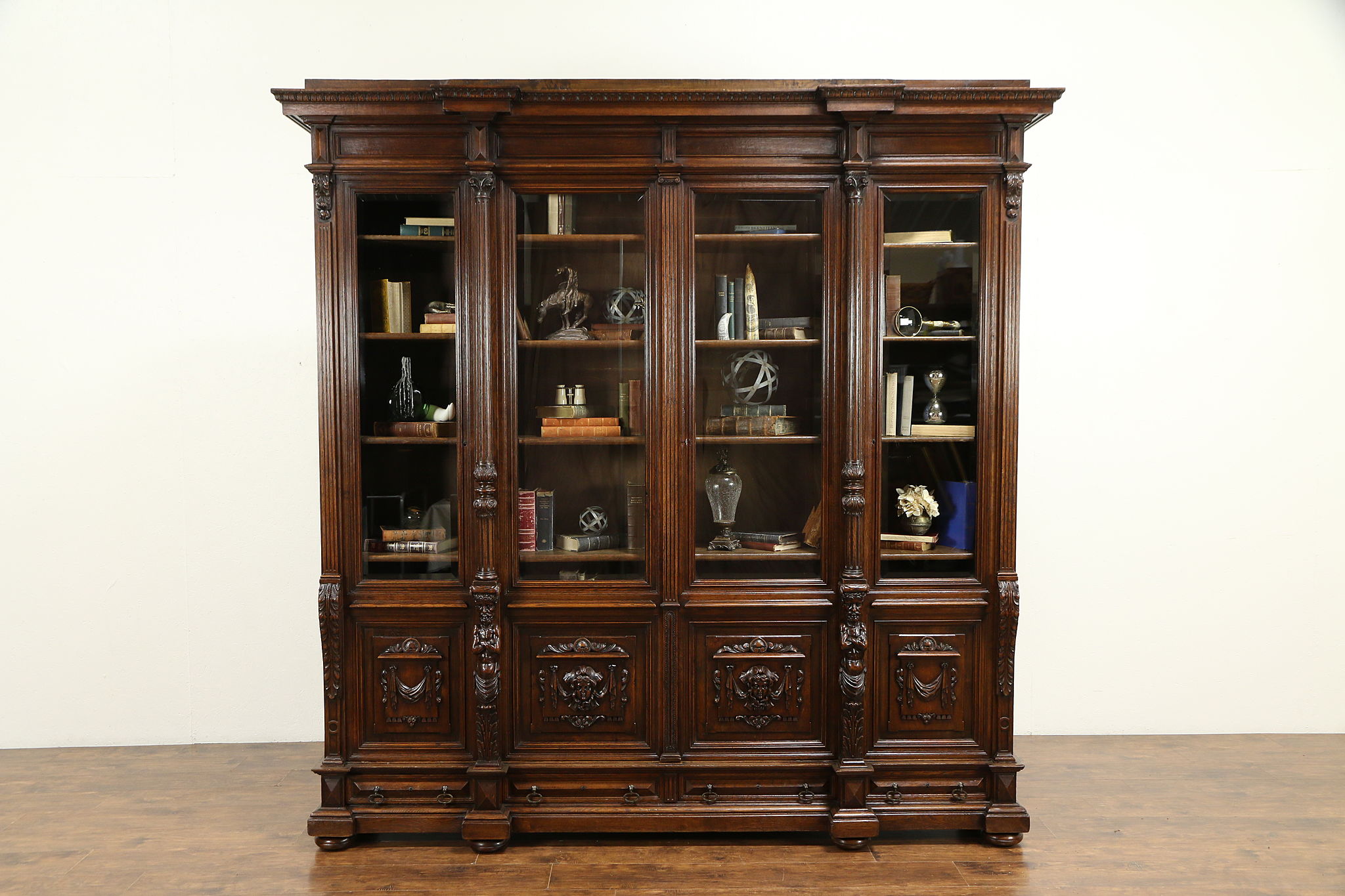 Italian Renaissance Bookcase Italian Renaissance Antique Oak Monumental Bookcase, Carved Statues