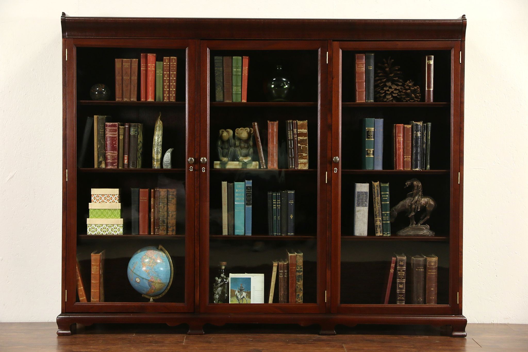 Triple Mahogany 1910 Antique Library Bookcase, Wavy Glass, Adjustable