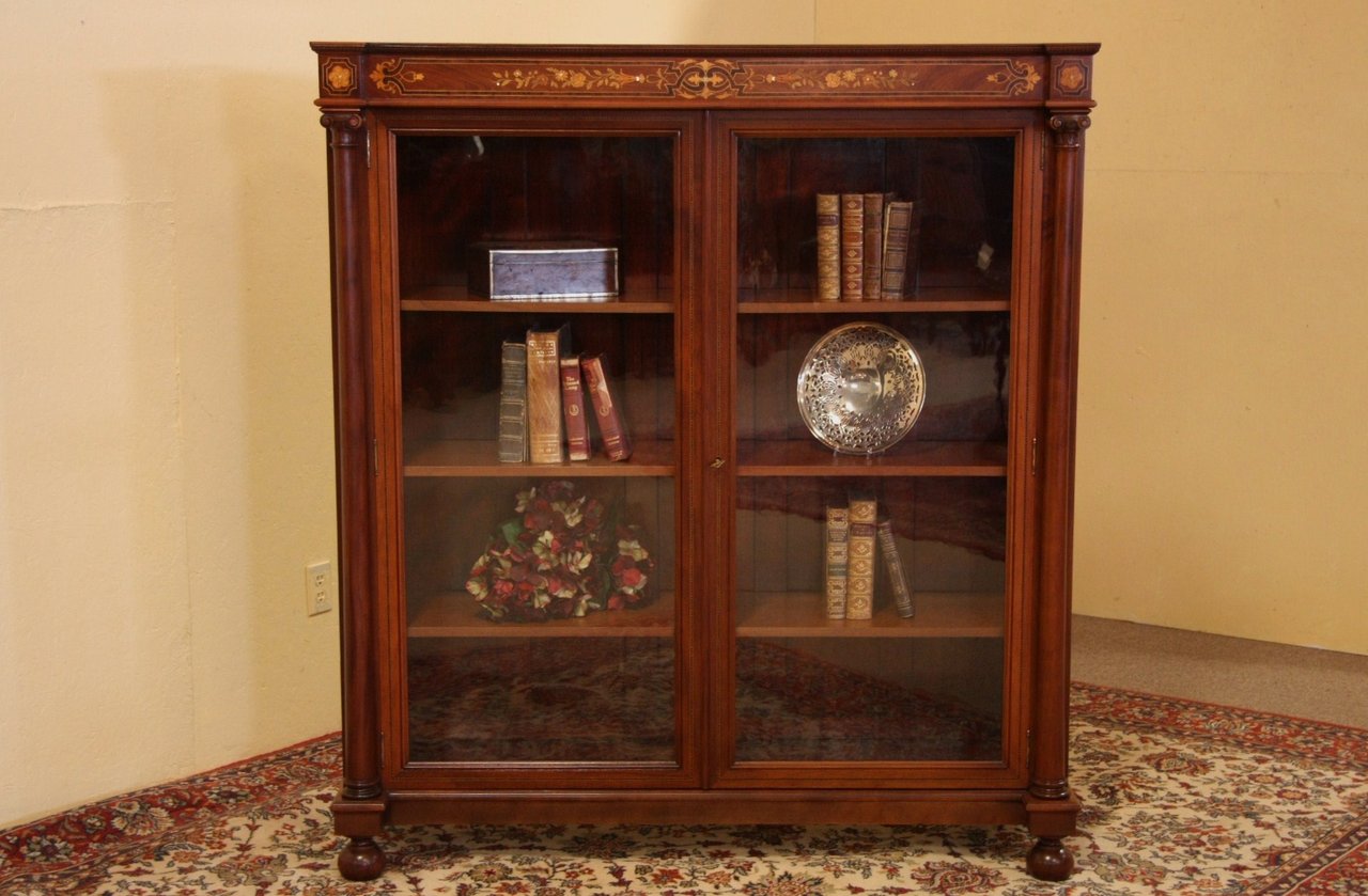 Marquetry Mahogany Bookcase, Antique Wavy Glass