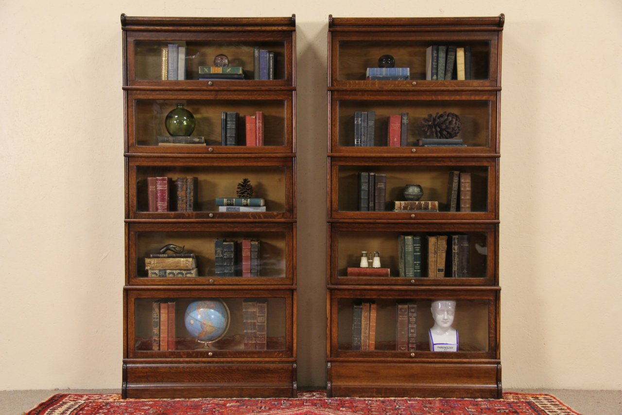 Pair 1900 Antique Oak 5 Stacking Lawyer Bookcases, Original Wavy Glass
