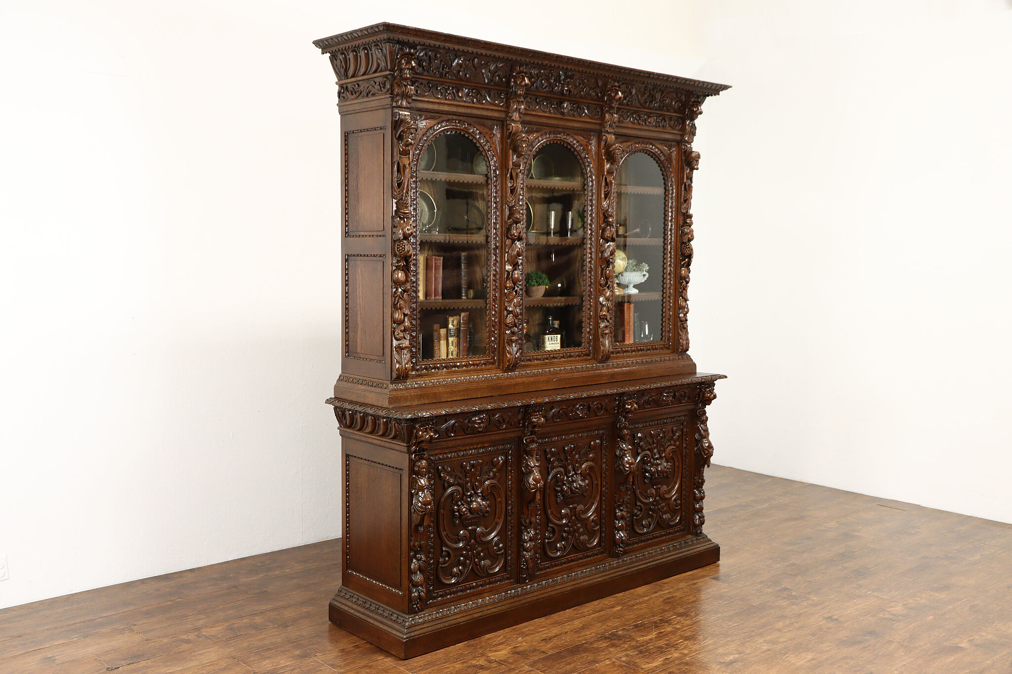 Black Forest Antique Carved Oak Office or Library Bookcase, China Cabinet