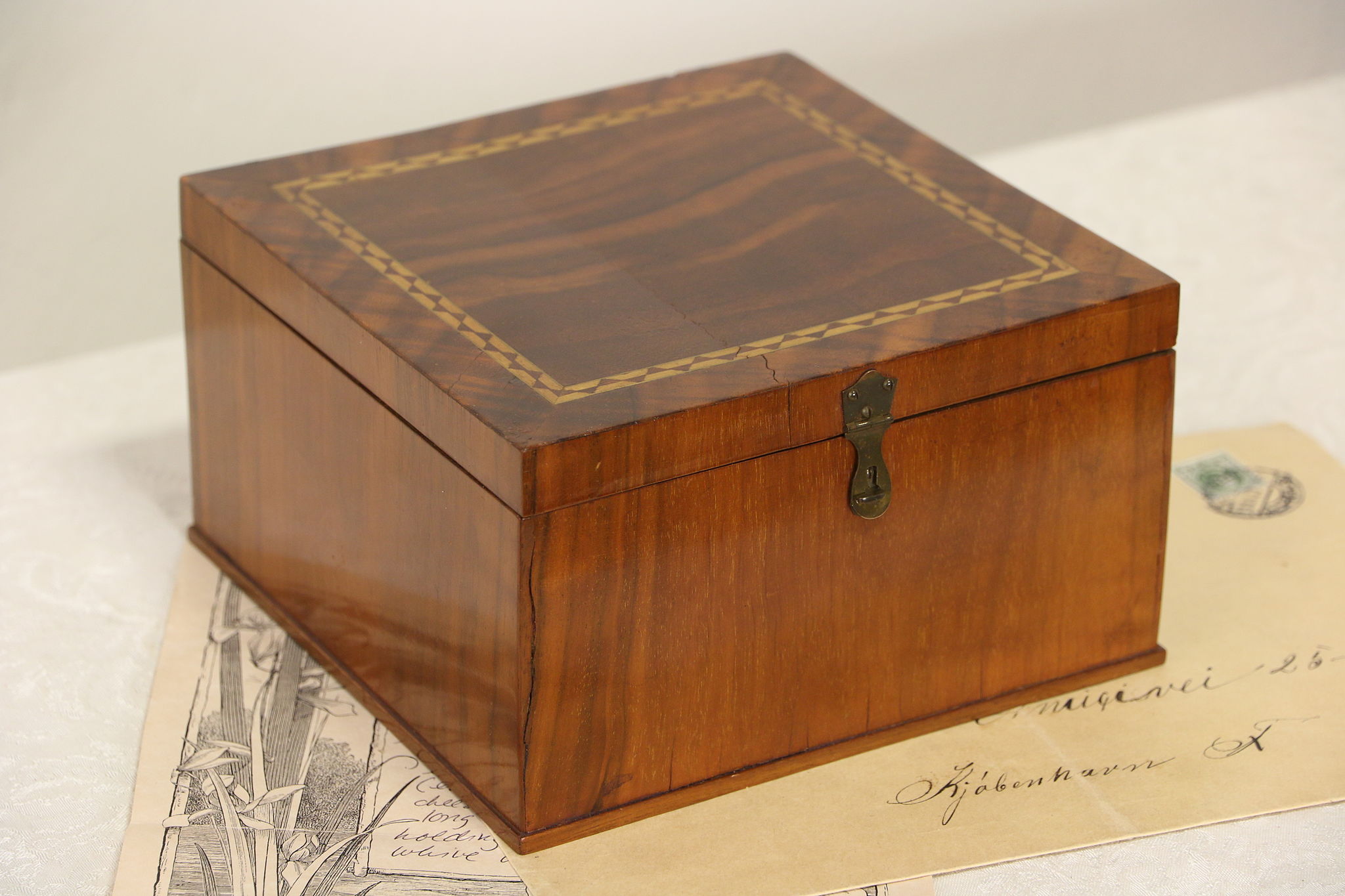 Jewelry Chest or 1900 Antique Keepsake Box, Banded Walnut