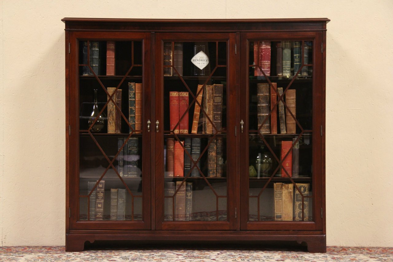 Triple Antique 1910 Mahogany Bookcase, Glass Doors