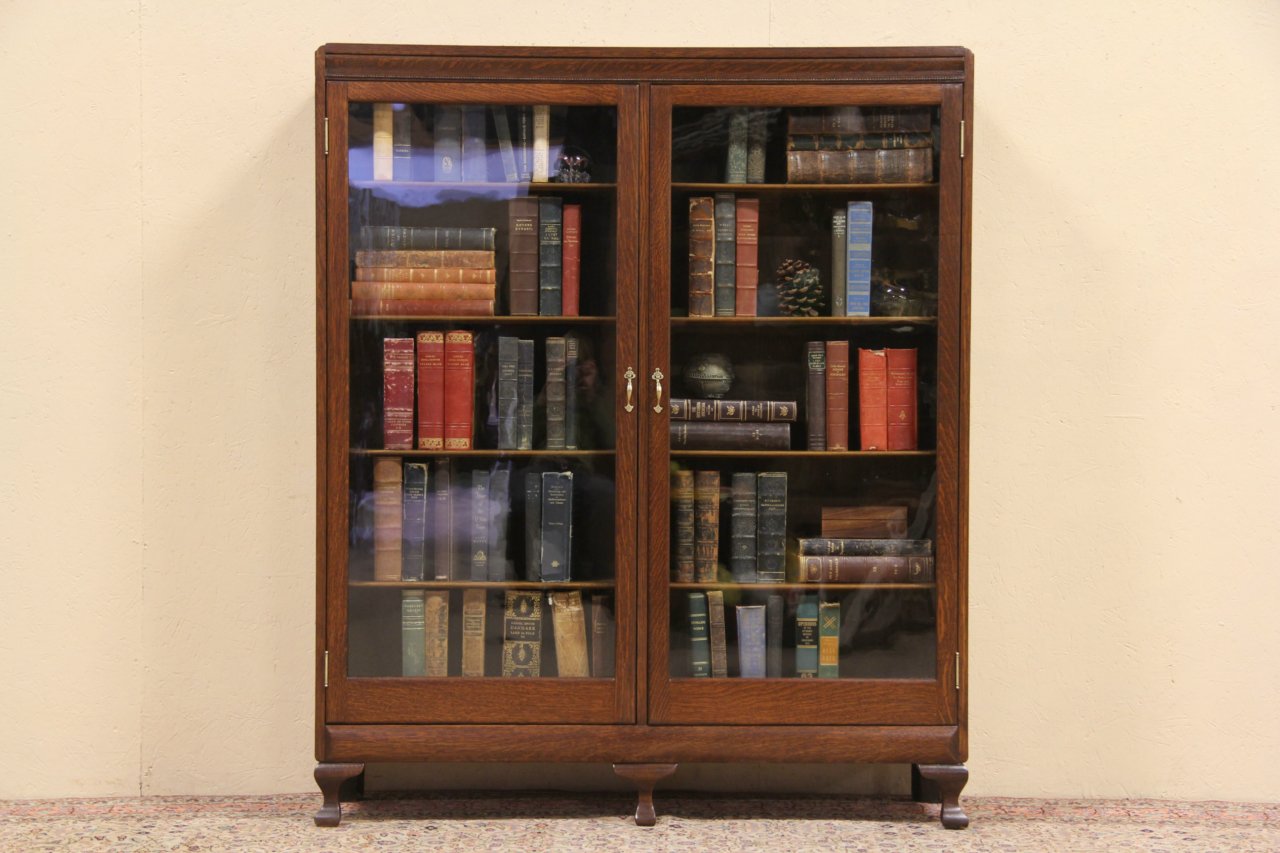 Oak 1900 Antique Bookcase, Original Wavy Glass Doors
