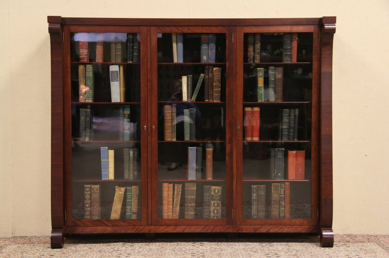 Empire 1900 Antique Triple Mahogany Bookcase, Wavy Glass