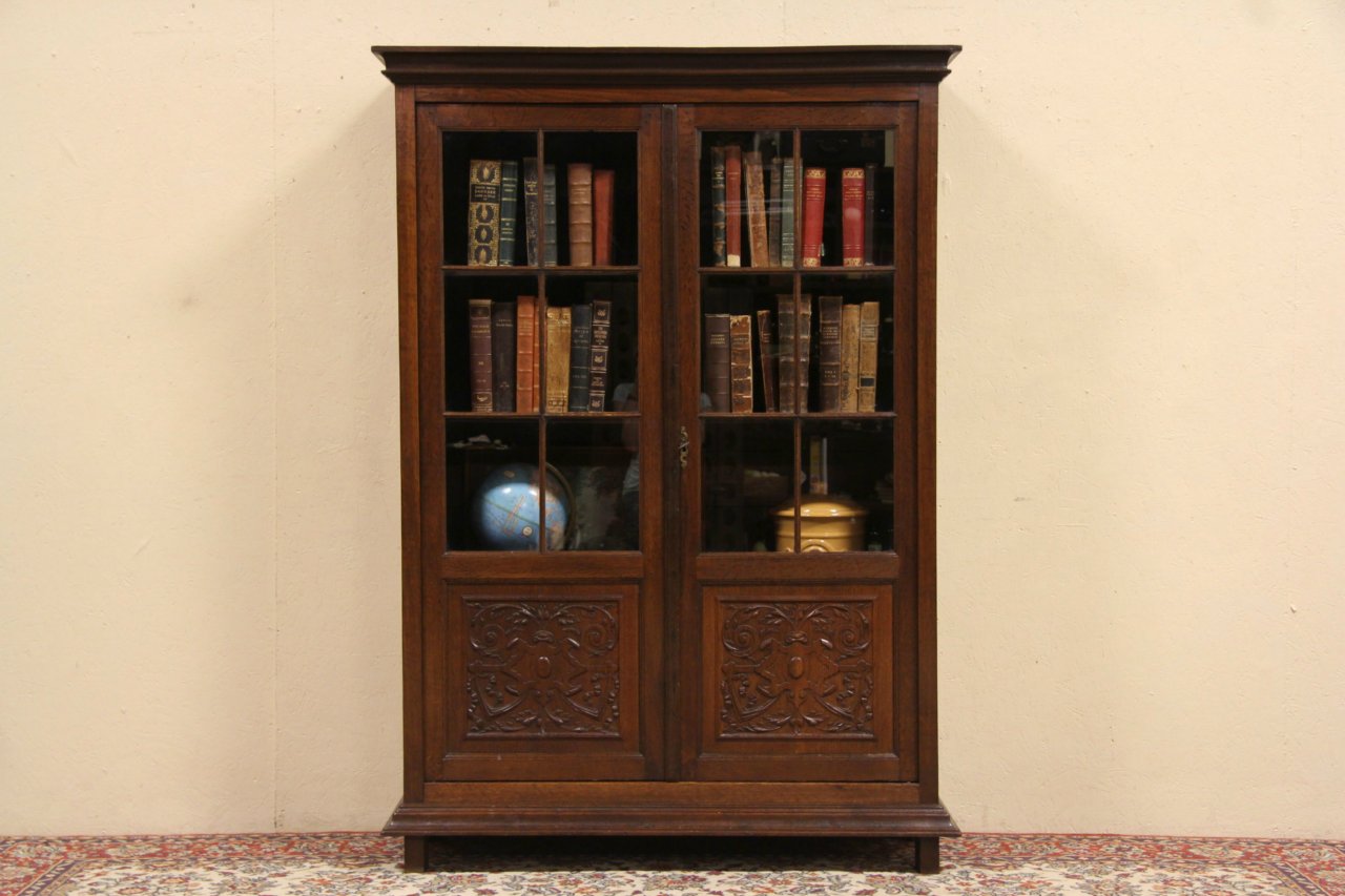 Carved Oak 1895 Antique Bookcase, Glass Doors