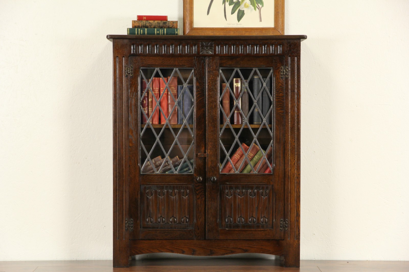English Tudor Carved Oak 1915 Antique Bookcase, Leaded Glass Doors