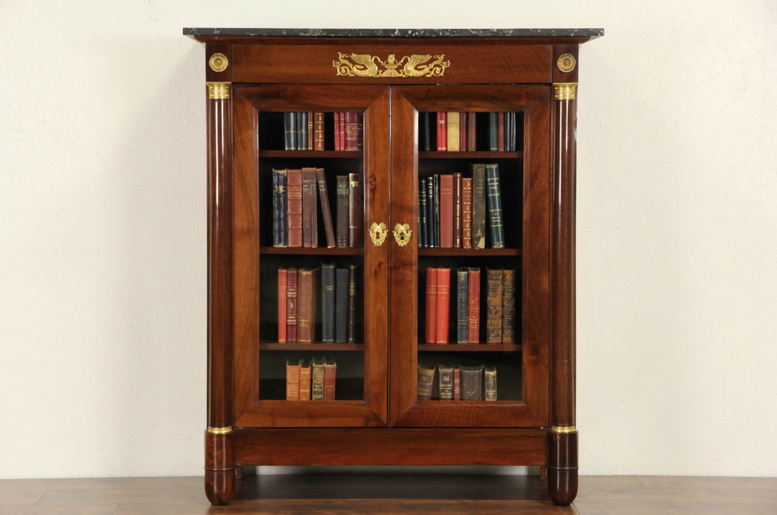 French Empire 1900 Antique Marble Top Bookcase or Curio Display