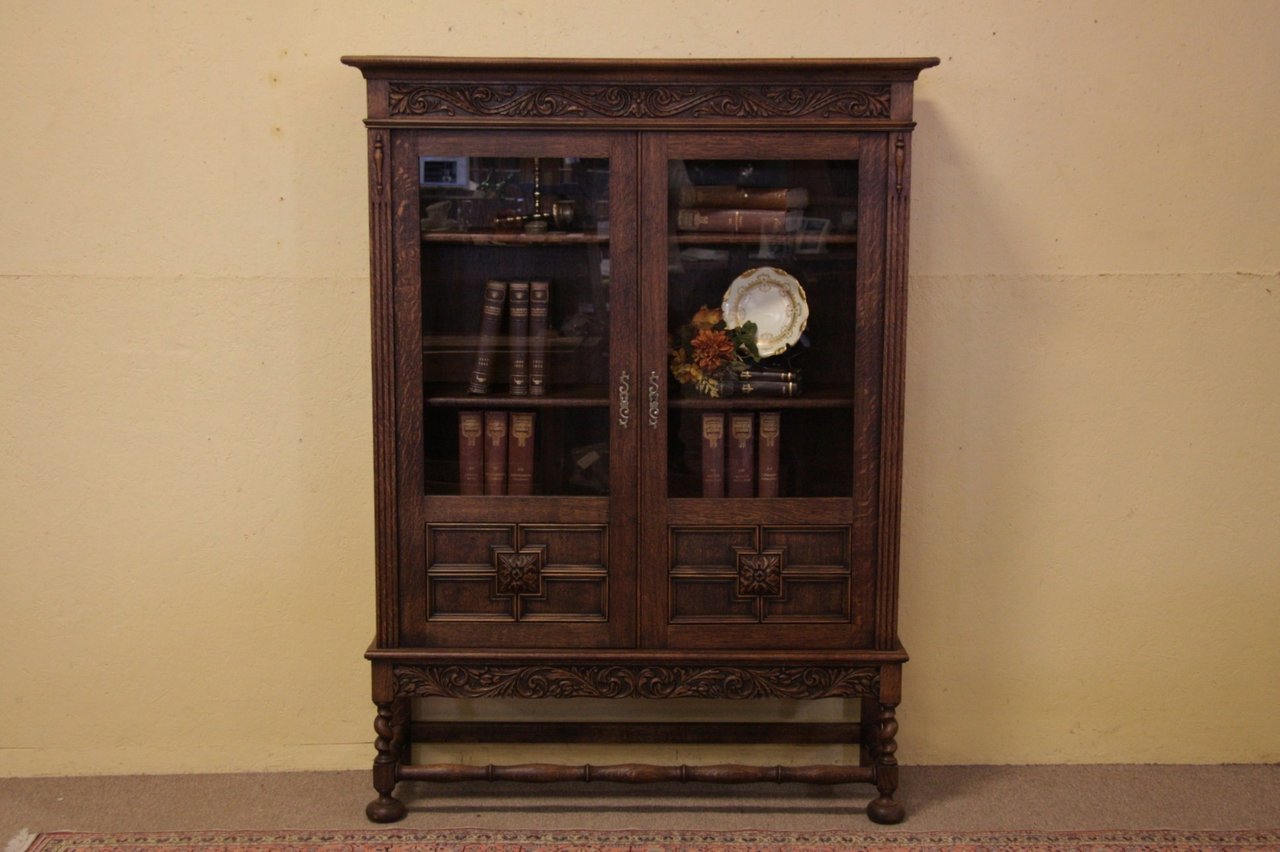 Carved Oak Antique Bookcase, Glass Doors