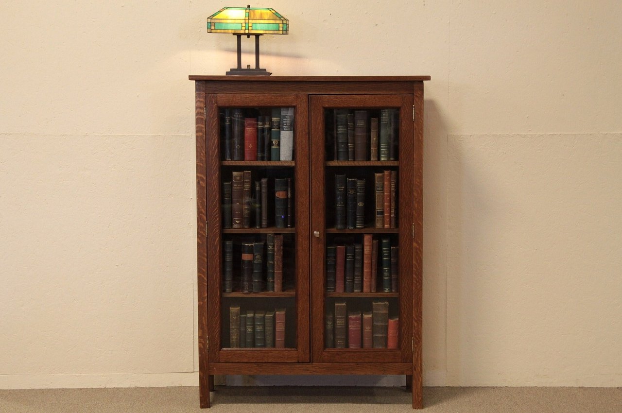 Arts & Crafts Mission Oak Bookcase, Wavy Glass Doors