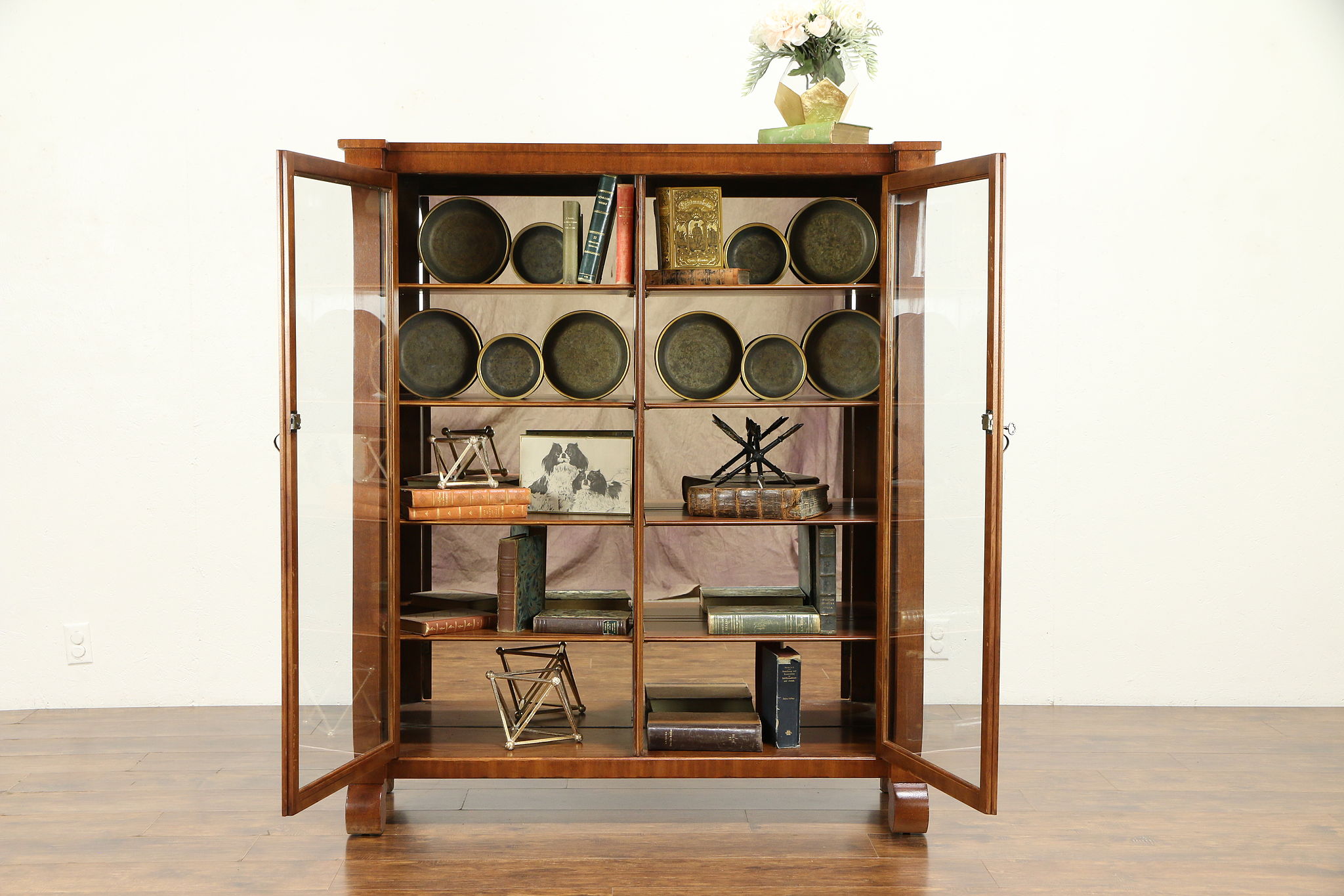 Empire Antique Mahogany Bookcase Or Curio Cabinet Glass Doors