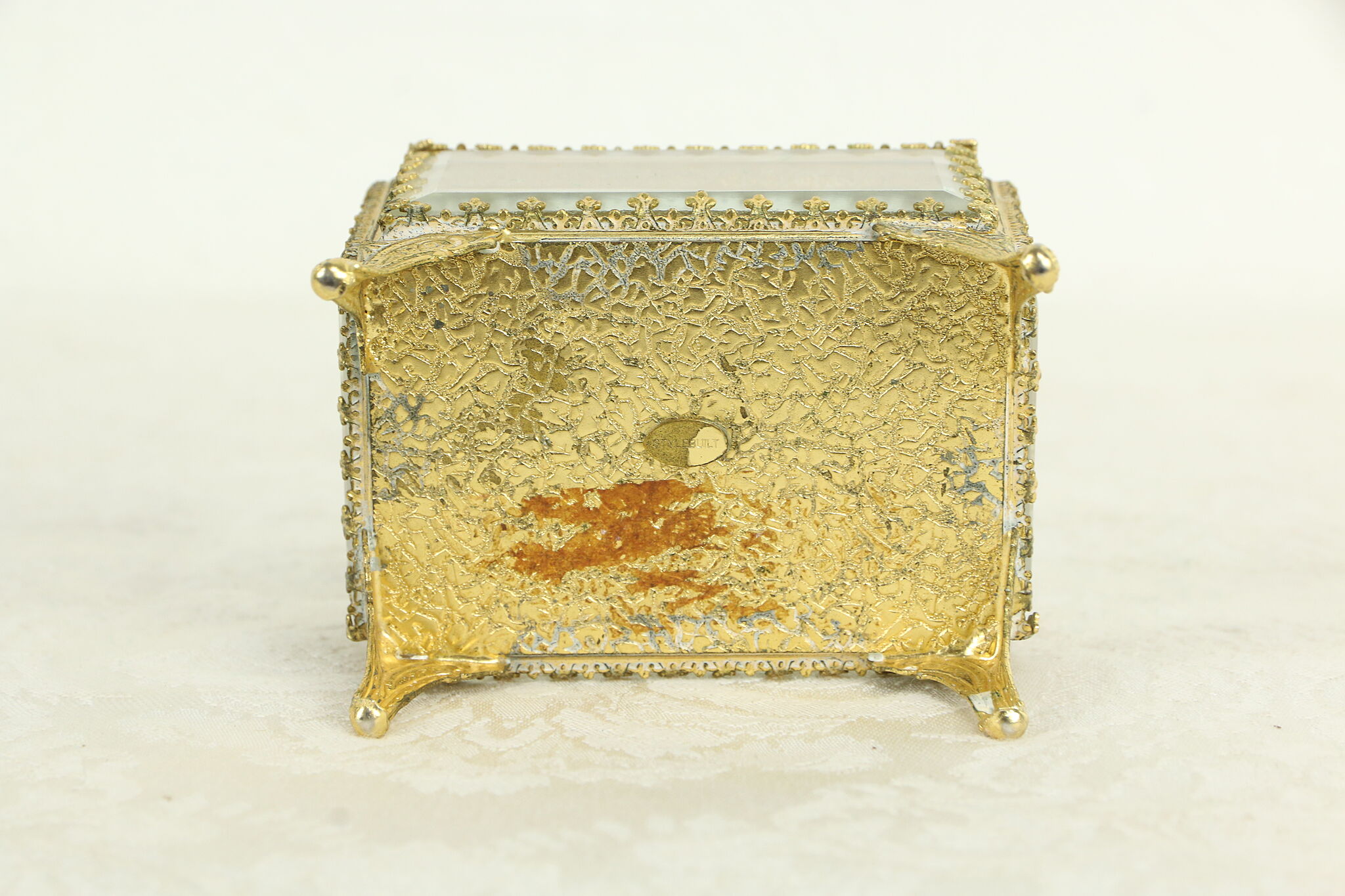 Gold Plated Beveled Glass Vintage Jewelry Box Signed Stylebuilt