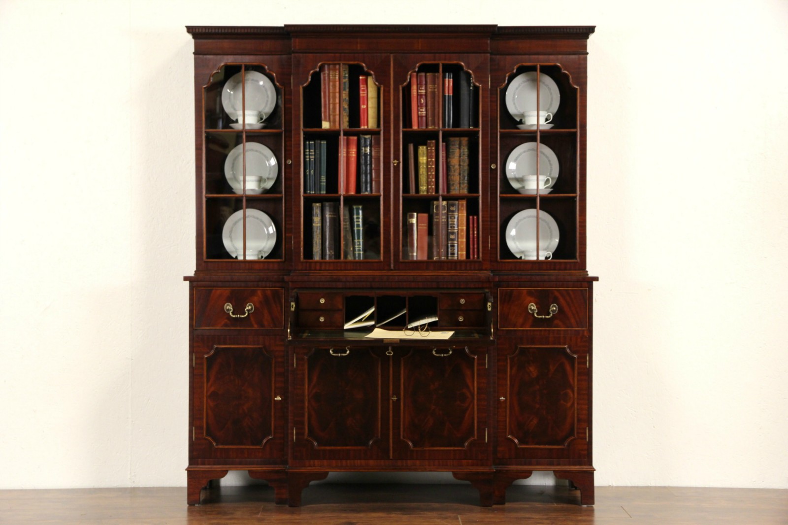 1930's Vintage Mahogany Breakfront Bookcase China & Desk