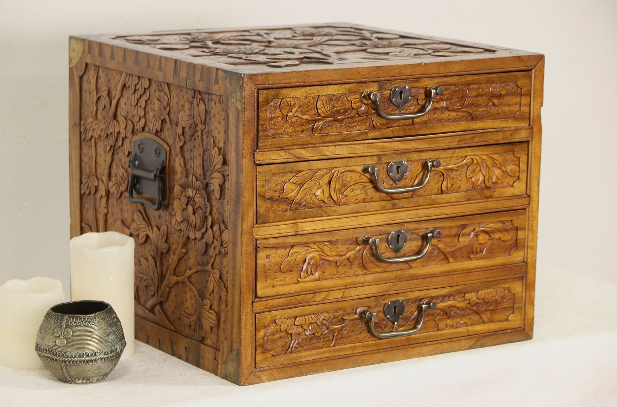 Chinese Carved Camphor Wood Tabletop Jewelry Chest, Silver or Collector