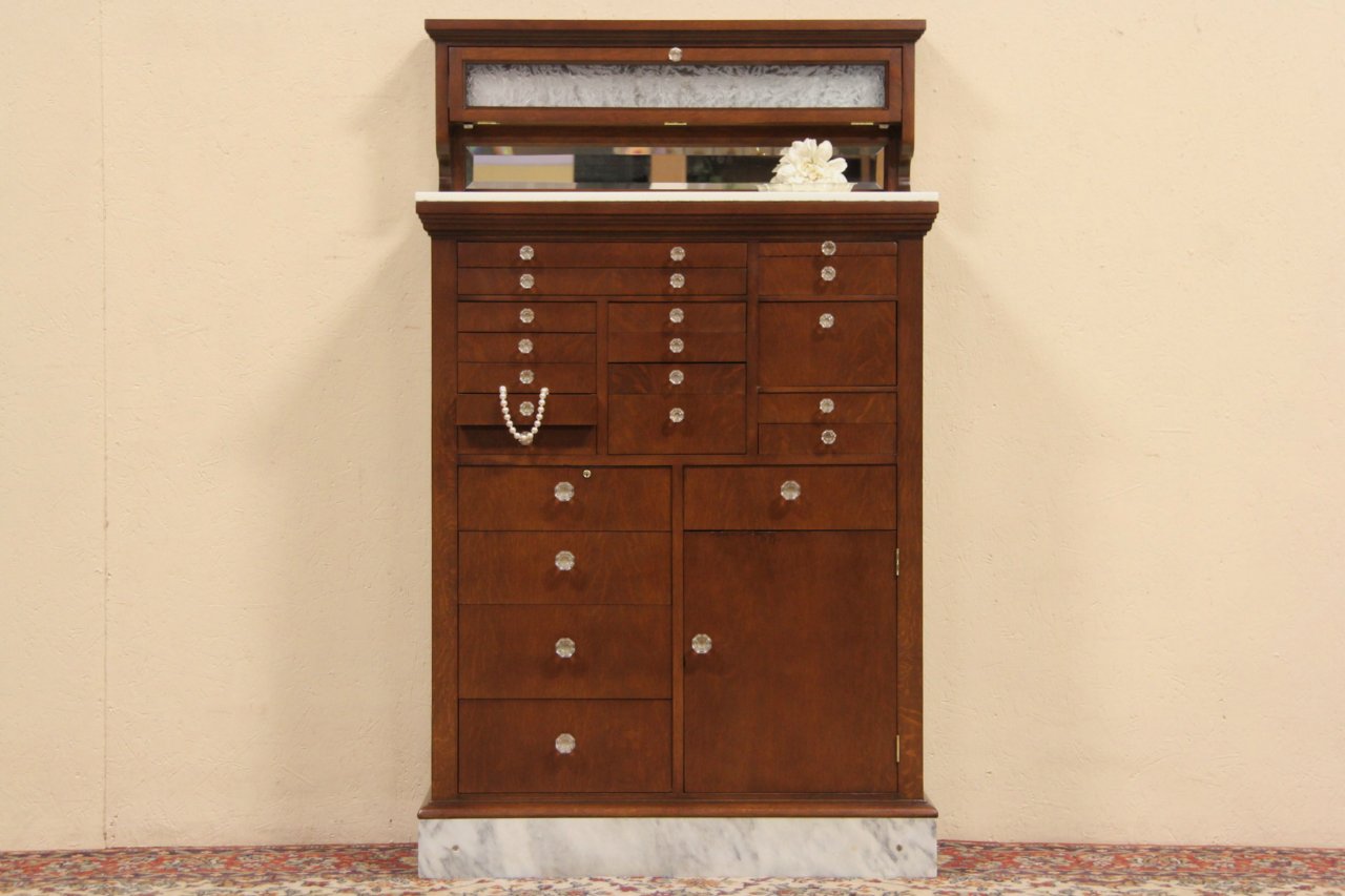 Dentist Antique 1918 Oak 20 Drawer Dental Cabinet, Marble Base