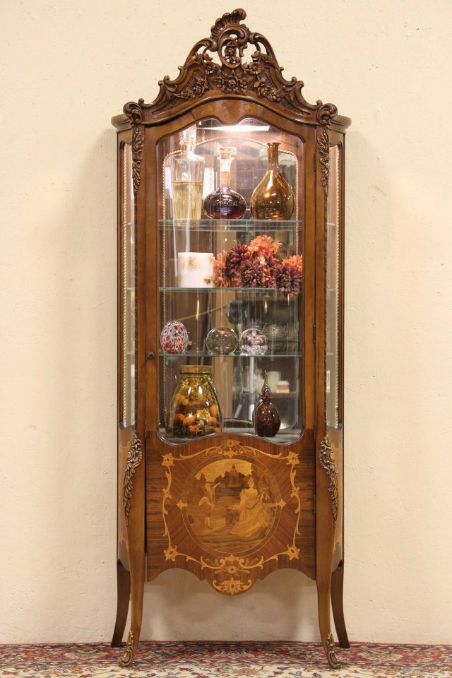 Carved Marquetry Curved Glass Curio Display