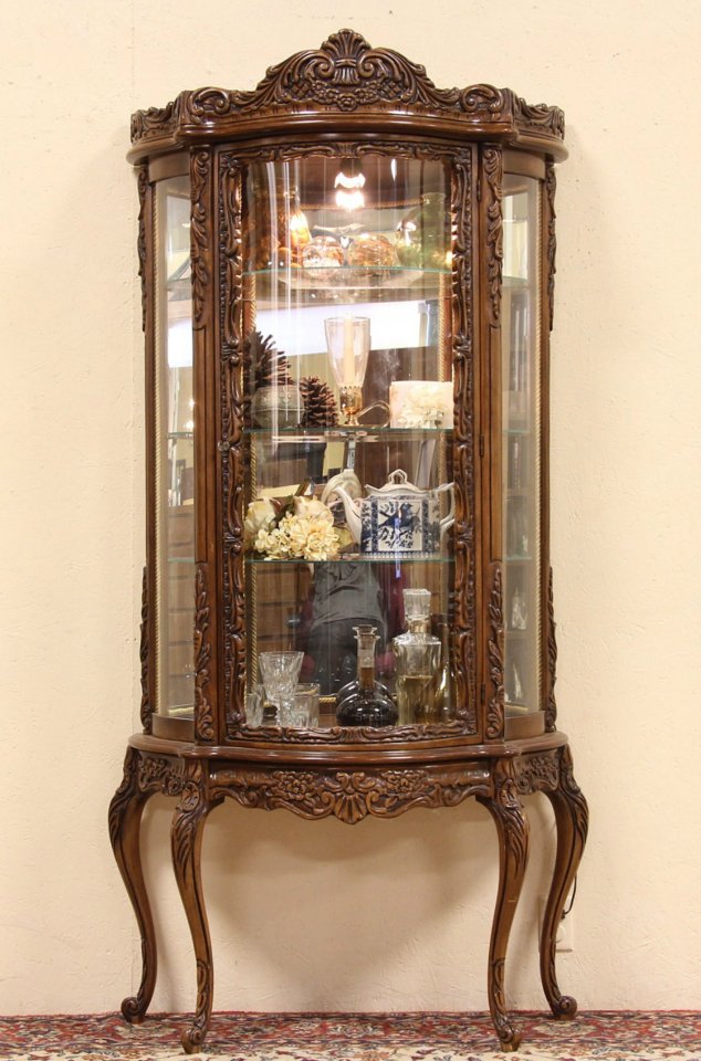 Carved Fruitwood Curved Glass Curio Display