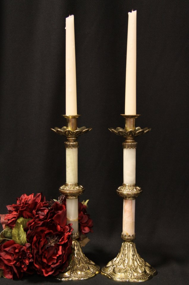 Pair of Antique Brass & Onyx Candlesticks
