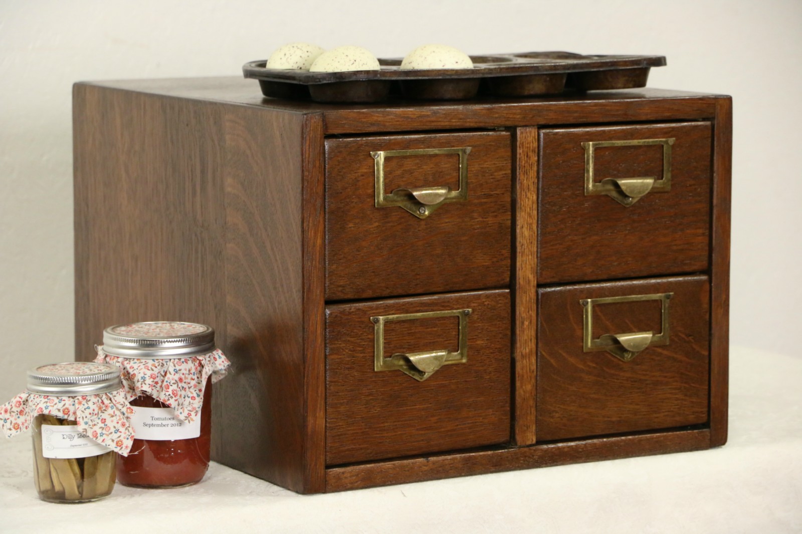 Desktop 4x6 Oak 4 Drawer 1920 Antique Card File Signed Globe