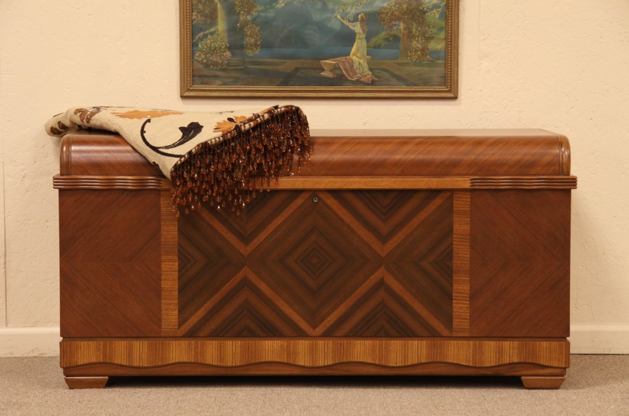 Art Deco Waterfall Cedar Chest, Matched Mahogany