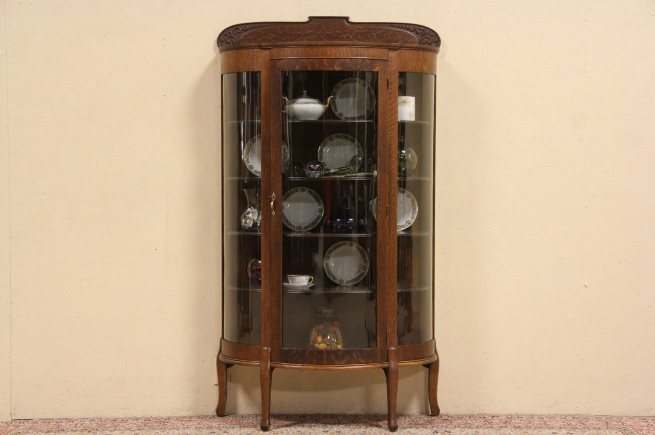 Oak 1900 Antique Curved Glass Curio or China
