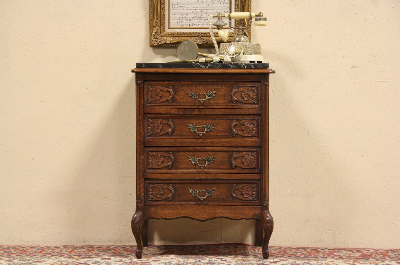 Carved French Oak Black Marble Top 1920's Chest