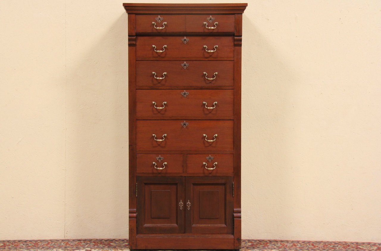 Victorian Antique 1890 Mahogany Tall Chest, Secret Drawer