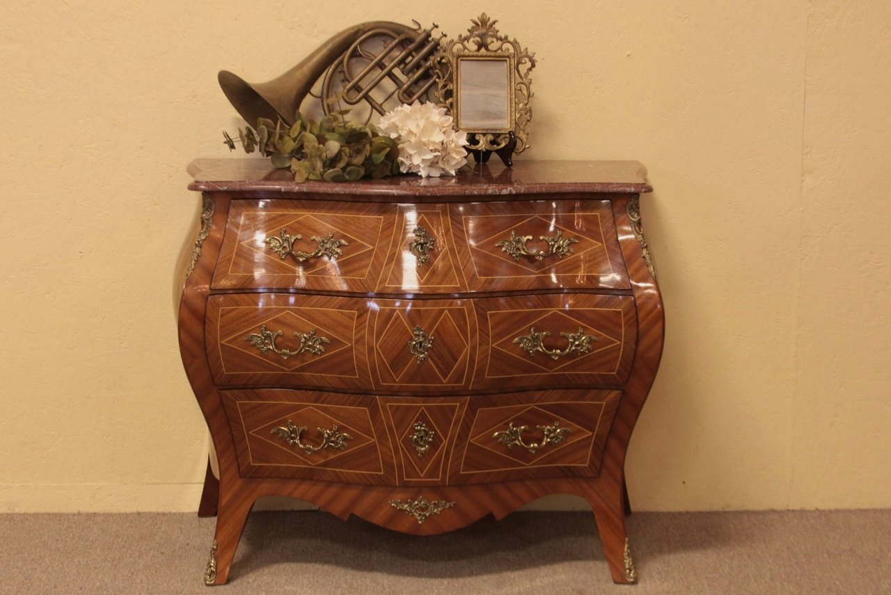 French Marquetry Marble Top Bombe Chest