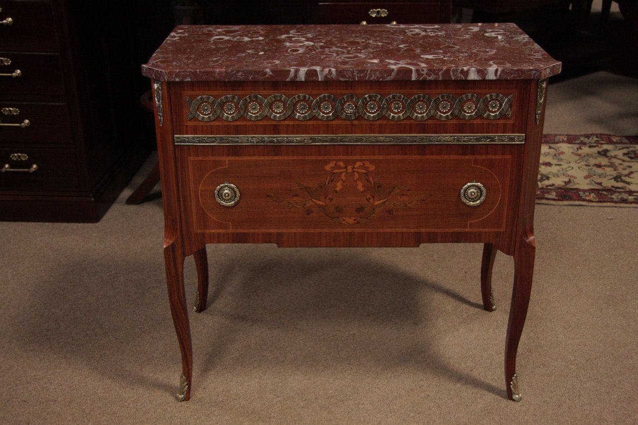Marble Top French Marquetry Chest, Bronze Mounts