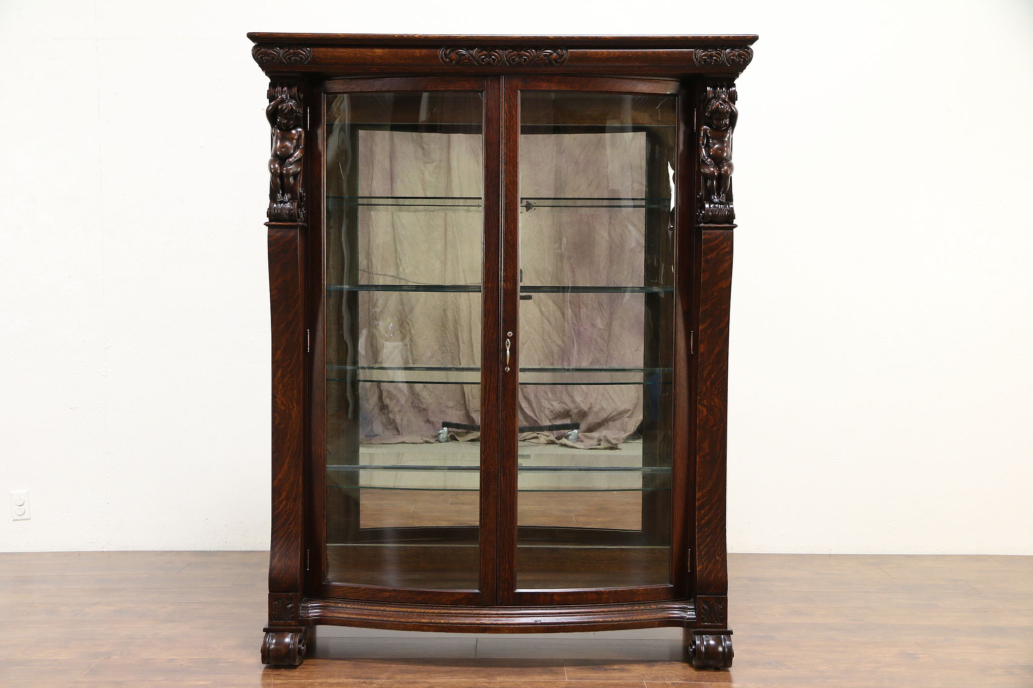 Oak Antique Curved Glass China Curio Display Cabinet Angels Or