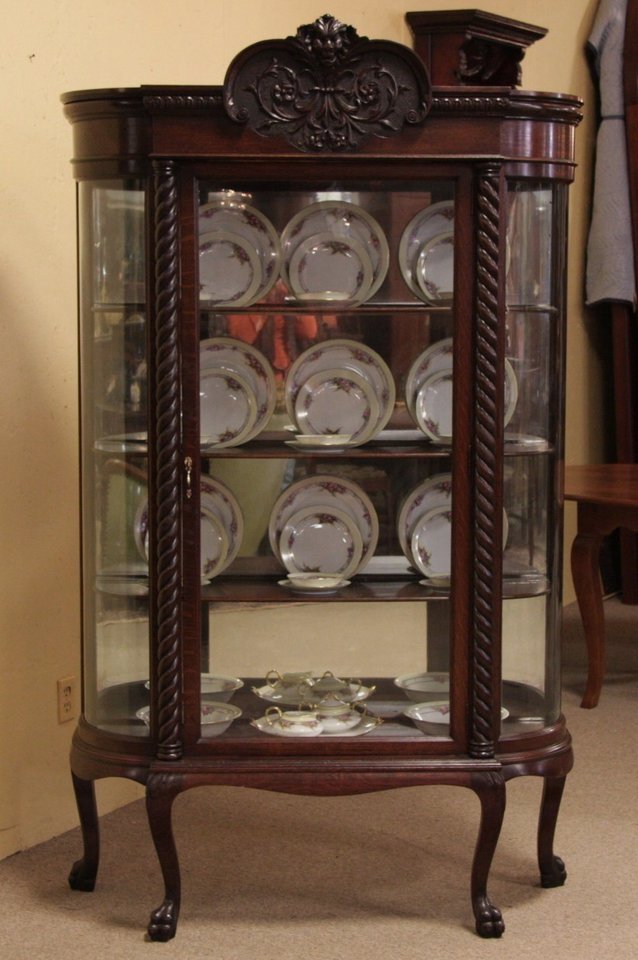 Victorian Oak Curved Glass China or Curio