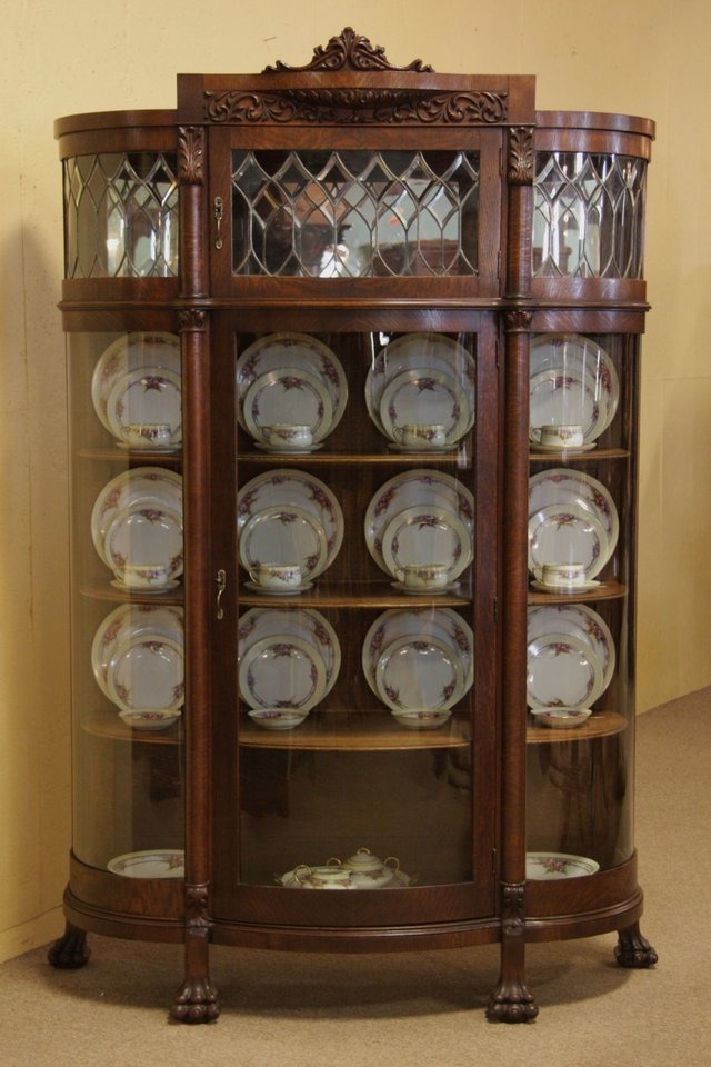 Victorian Oak Curved Glass China Curio