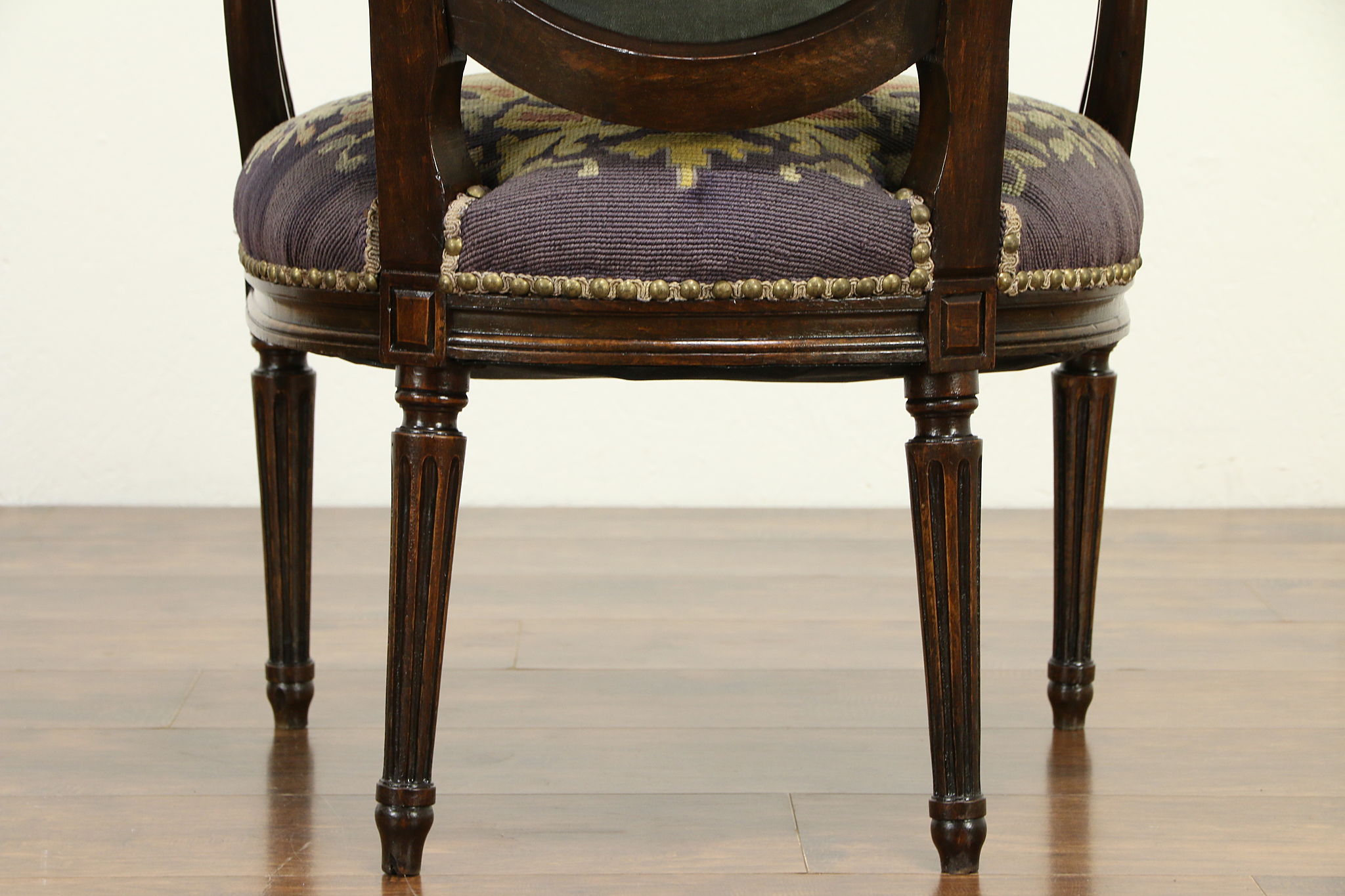 Pair of Louis XVI Style Walnut Caned Needlepoint Lounge Chairs - Erin Lane  Estate