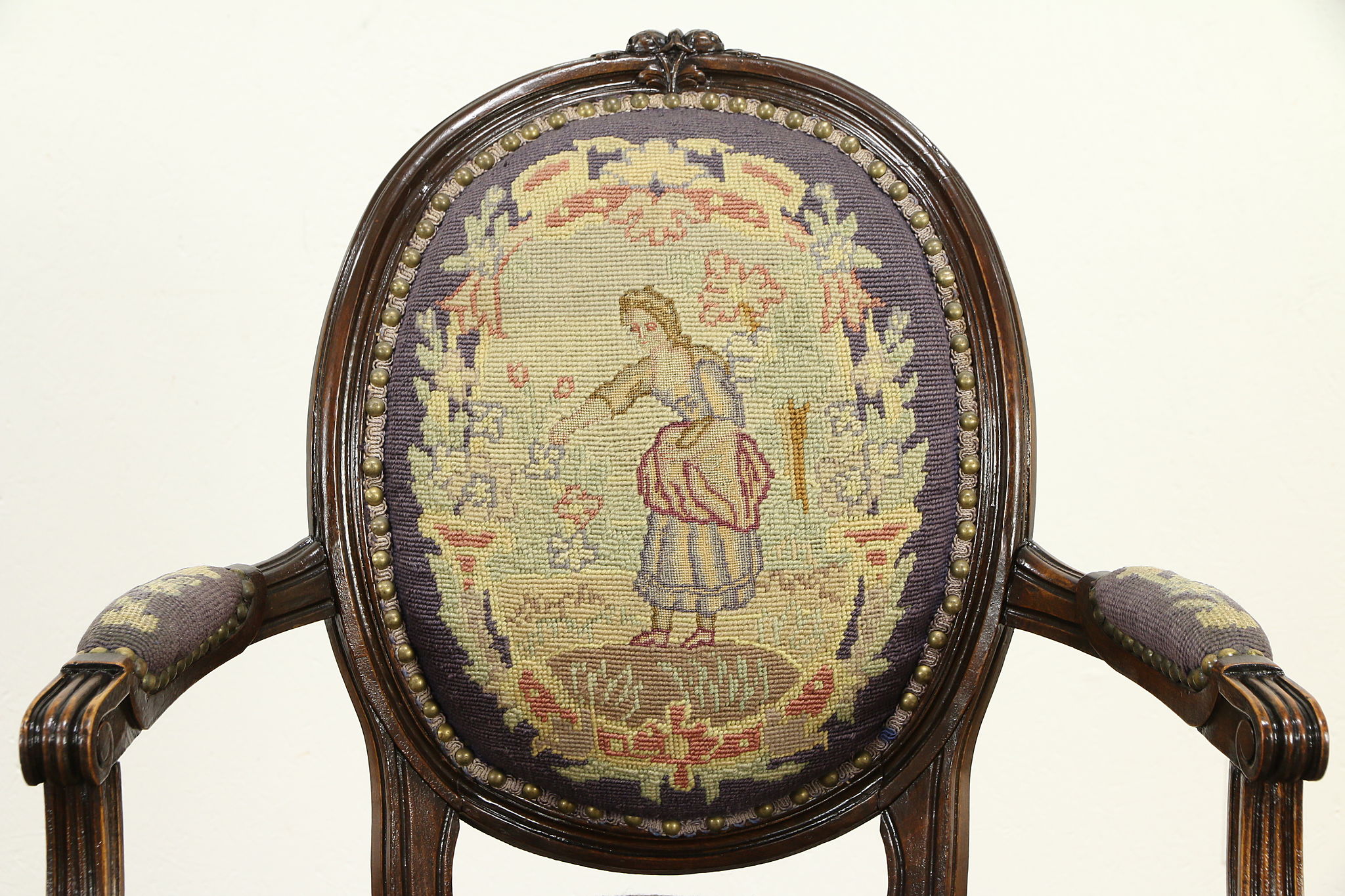 French Antique Louis XVI Style Chair Needlepoint & Petit Point Upholstery