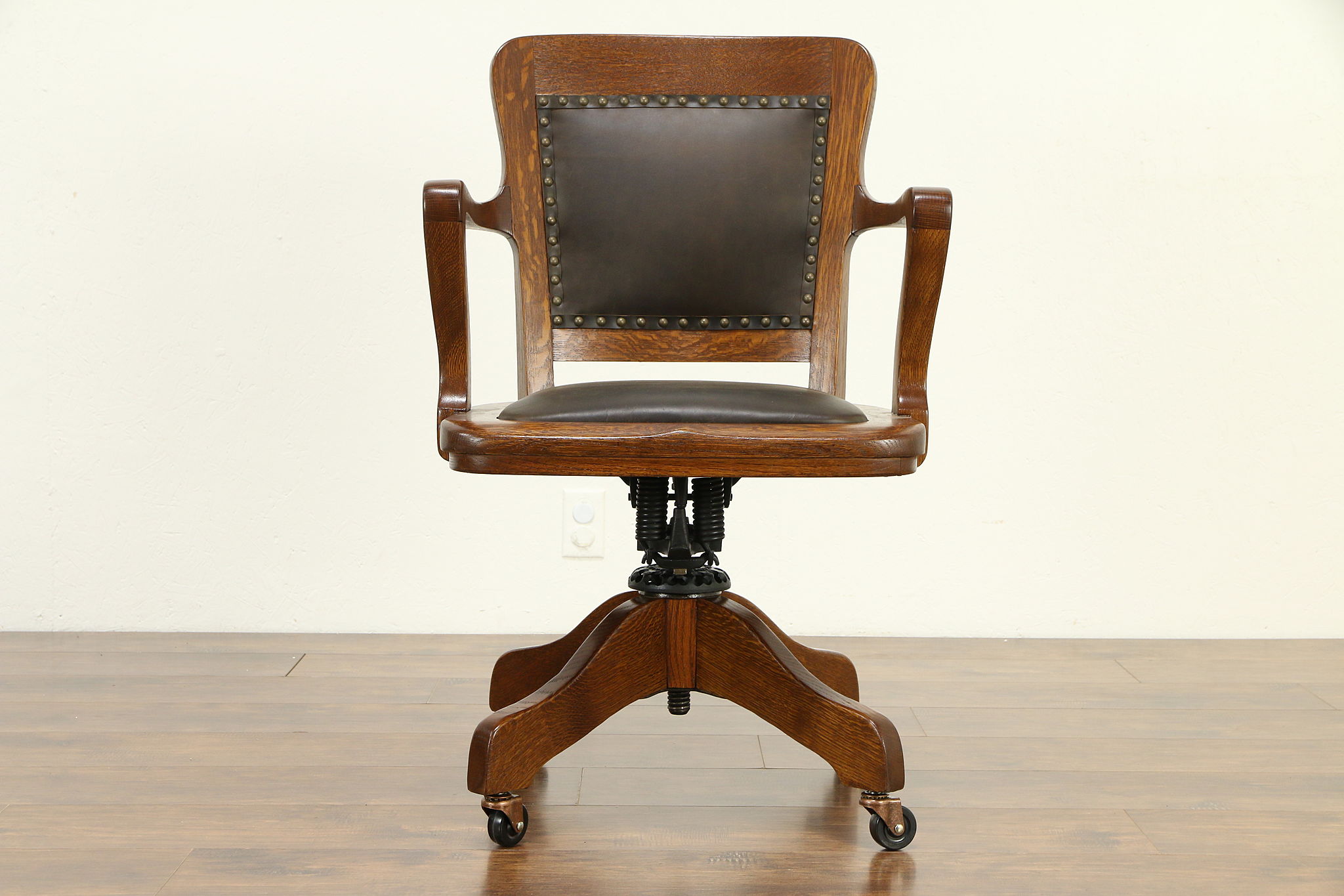 Oak Antique Swivel Adjustable Desk Chair, New Leather, Milwaukee