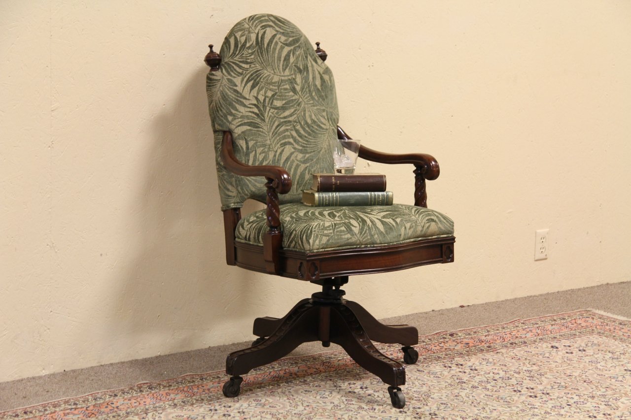 Carved Walnut Swivel Desk Chair