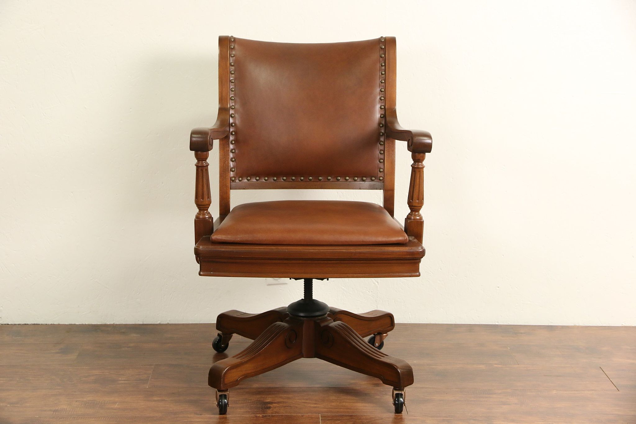 Leather 1930 Vintage Swivel Adjustable Desk Chair, Signed Central